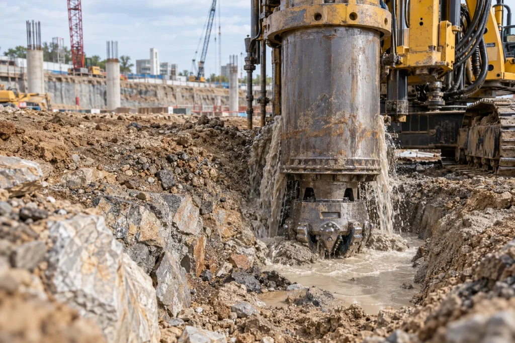 Casing drilling system advancing through unstable overburden at a foundation site