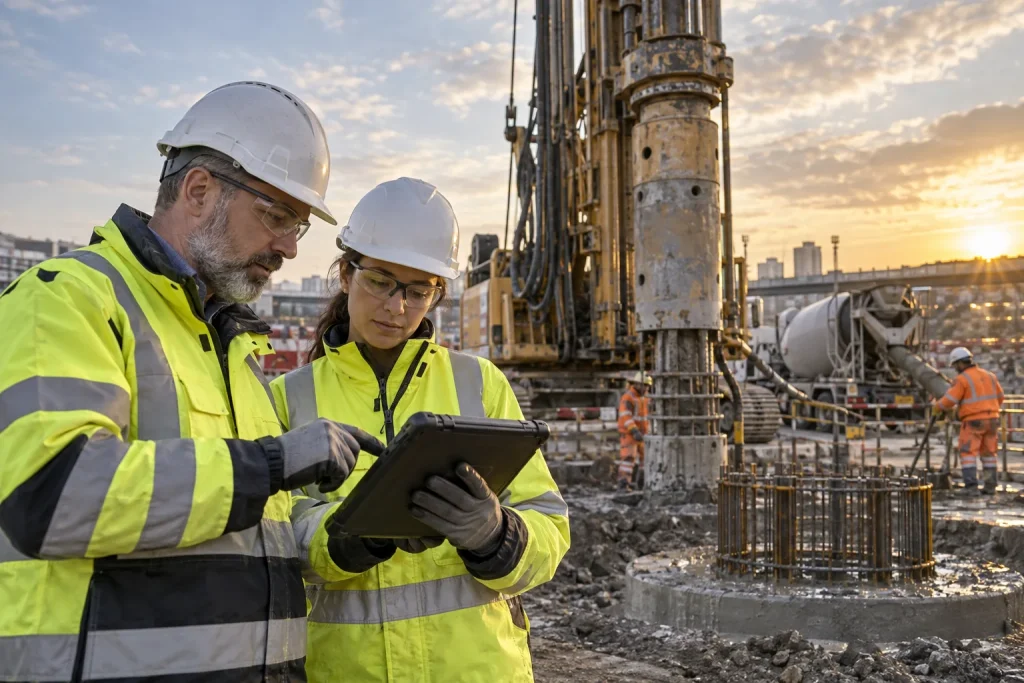 Foundation drilling engineers reviewing borehole and casing parameters beside a drill rig