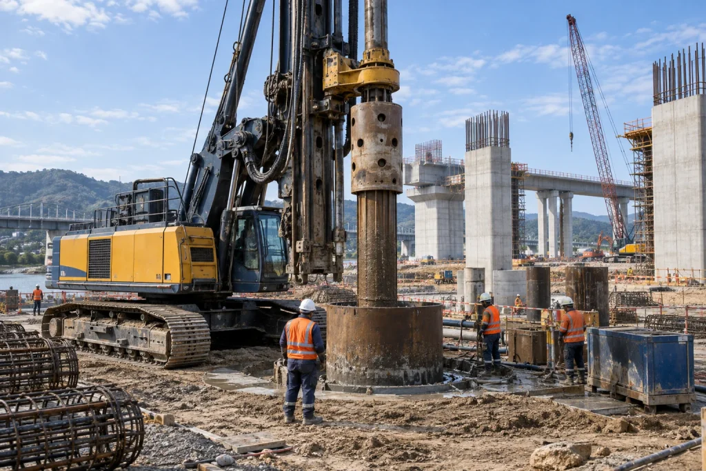 Foundation drilling rig installing deep casing at a major infrastructure construction site