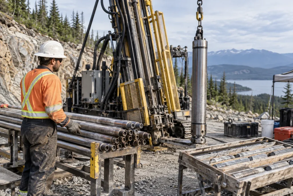 Exploration drill operator retrieving a core barrel beside drill rods and core trays