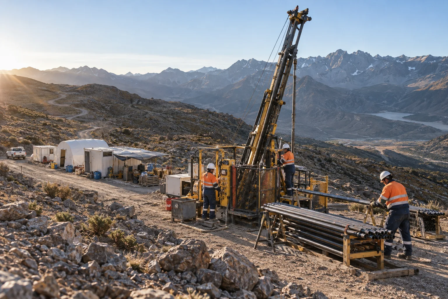 Diamond core drilling rig operating at a remote mountainous mineral exploration site
