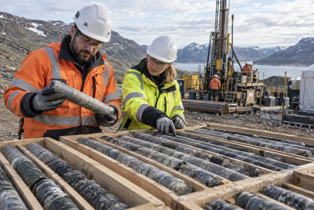 Field geologists examining recovered rock core in organized trays beside an exploration rig