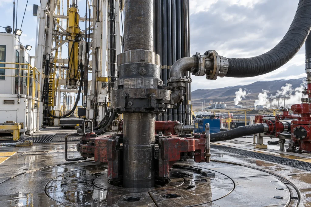Deep geothermal drill string and casing with controlled drilling-fluid circulation equipment