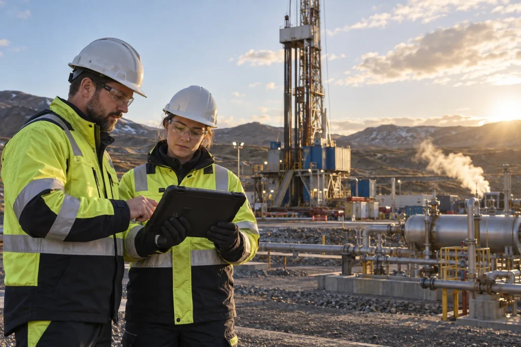 Geothermal drilling engineers reviewing temperature pressure and circulation parameters beside a rig