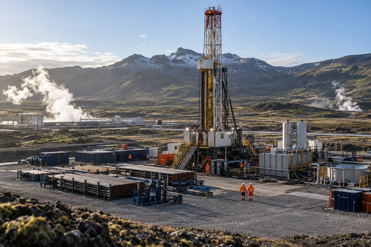 Deep geothermal drilling rig operating on a managed volcanic highland well pad