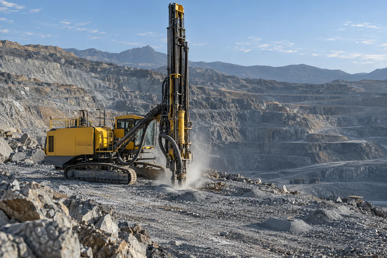 High-pressure DTH drill rig working on a hard-rock open-pit mine bench