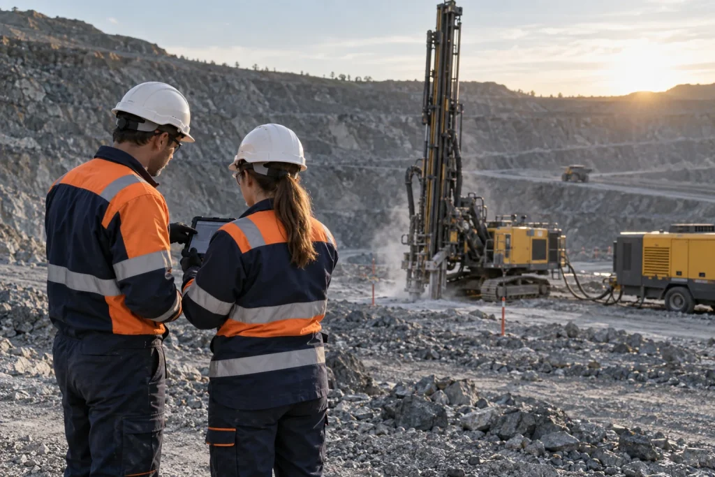 Drilling engineers reviewing operating parameters beside a mine drill rig