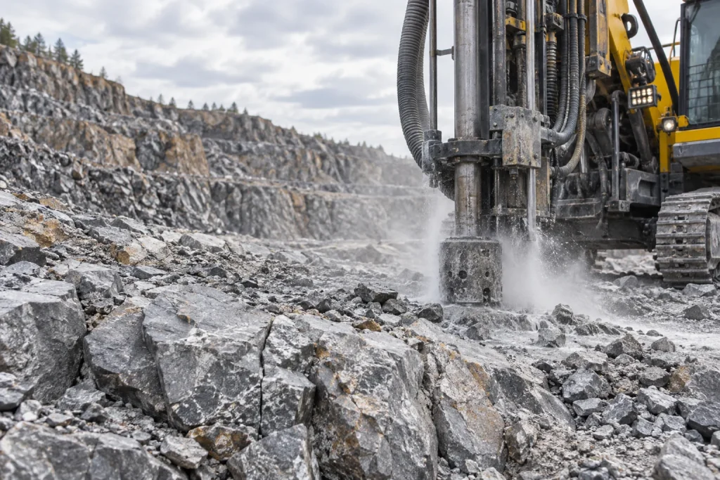 DTH drill rig working through fractured abrasive rock with air flushing
