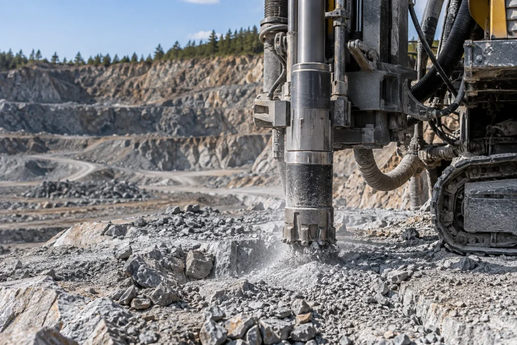 DTH drill bit and hammer drilling into a hard quarry bench with controlled air flushing
