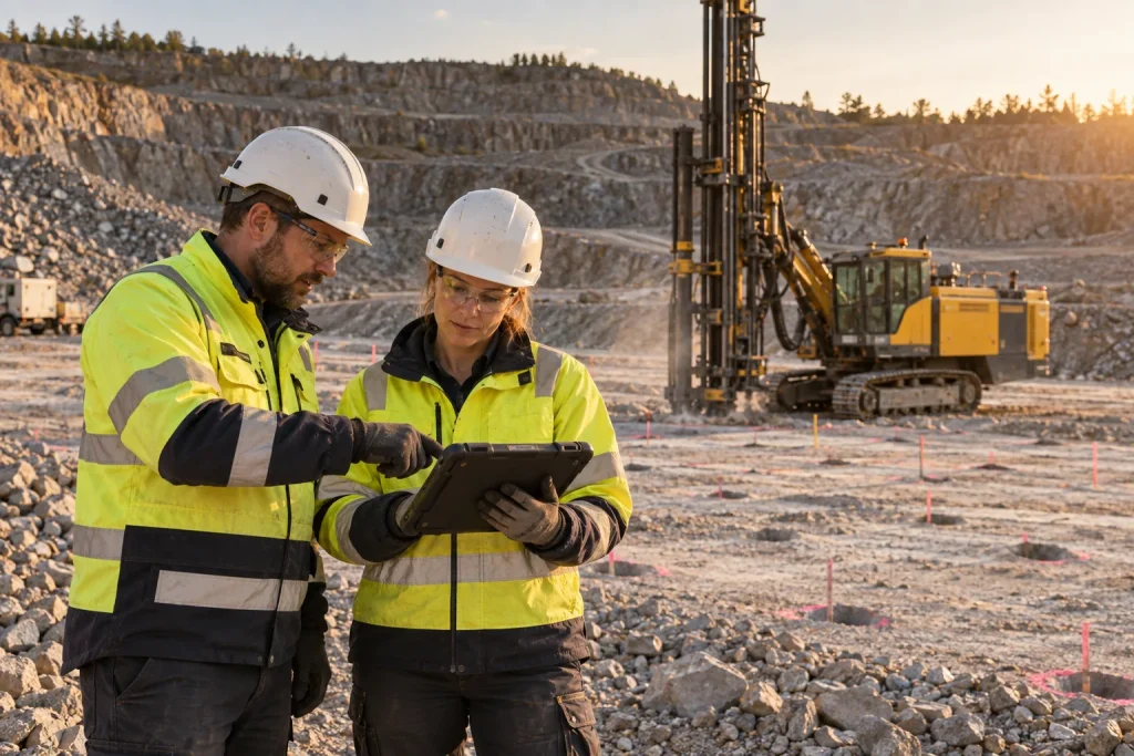 Quarry drilling engineers reviewing blast-hole spacing and drilling parameters beside a DTH rig