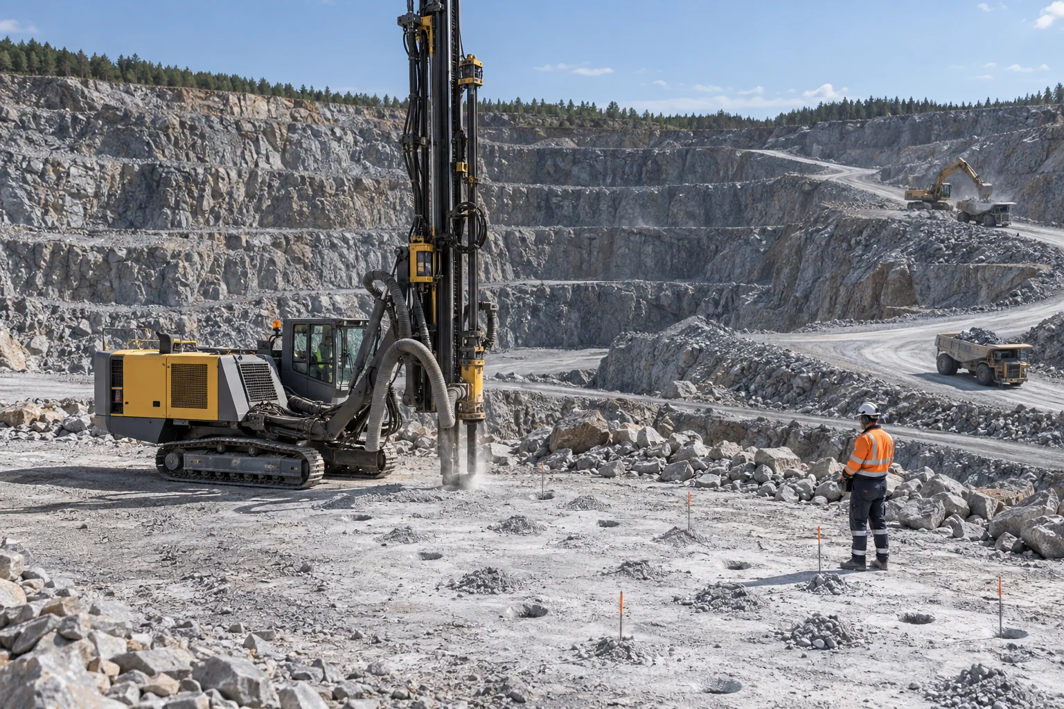 Crawler-mounted DTH drill rig working on an organized blast-hole pattern in a hard-rock quarry