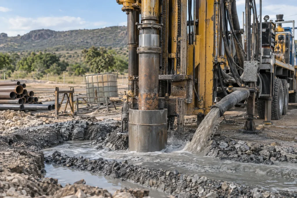 Water well drilling through mixed rock with steel casing and controlled return flow