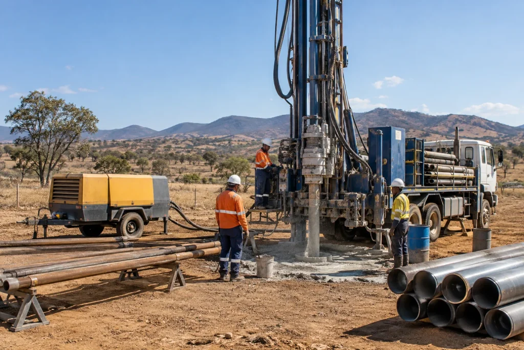 Truck-mounted water well drilling rig operating in a dry rural landscape with casing and drill rods