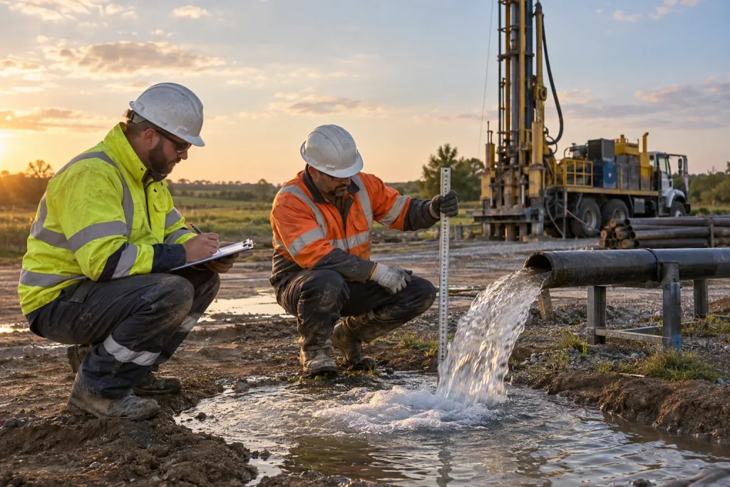 Water well technicians measuring controlled water discharge during a completed well yield test